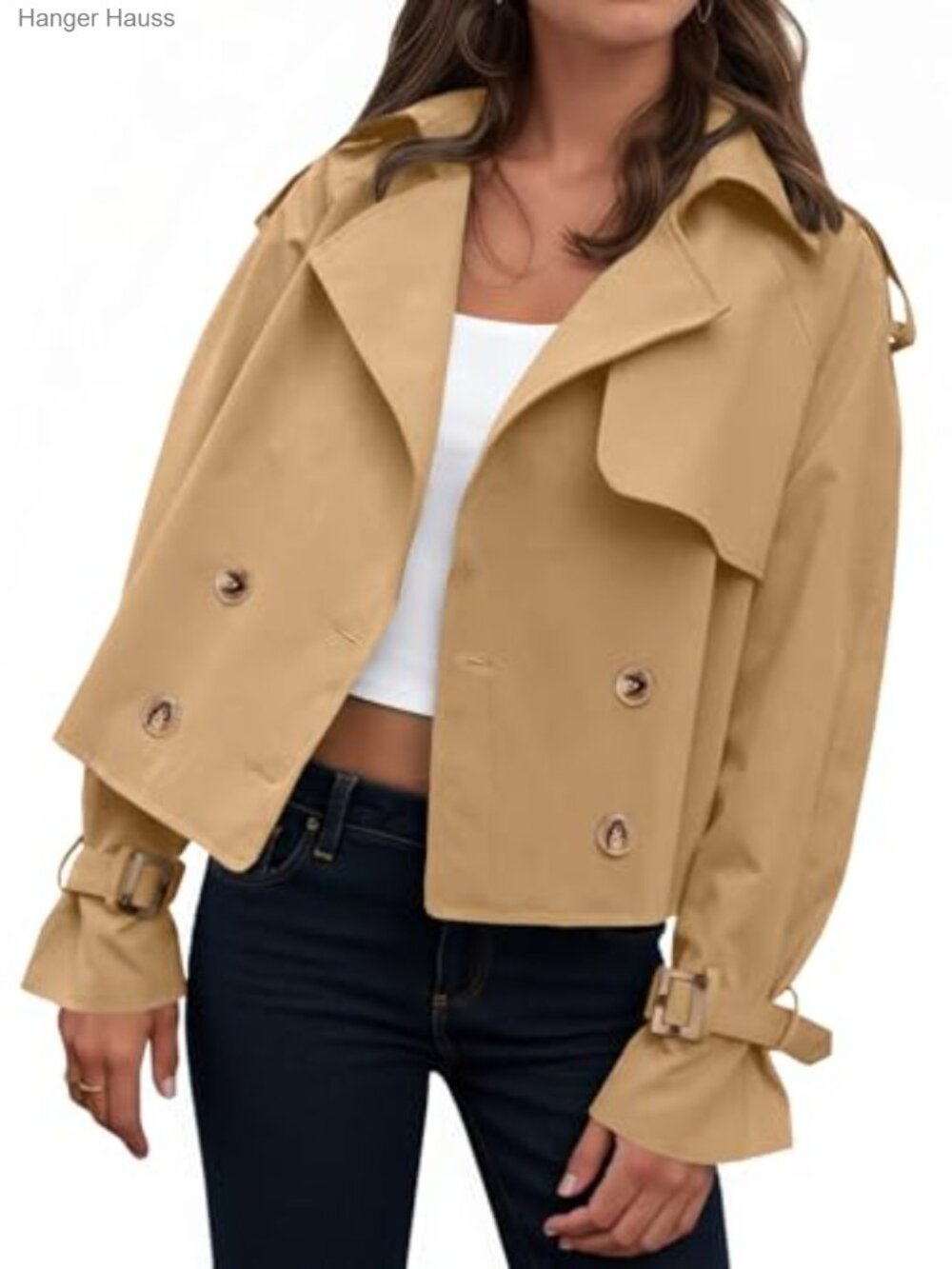 Cropped Trench Coat Oversized Double Breasted Lapel Long Sleeve 100% Polyester